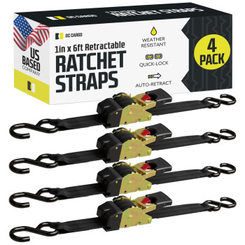 DC Cargo - Auto Retracting Ratchet Straps (4 Pack 1 inch x 6') - Heavy Duty Tie Down Retractable Ratchet Straps - Easy Self Contained Black Ratchet Strap Tie Downs for Trailers, Vehicles, Boat