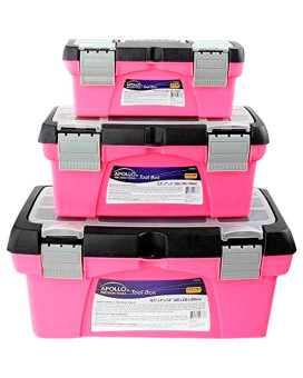 Apollo Tools Set Of 3 Pink Stackable Tool Boxes With Top Compartment And Removable Trays For Crafts Tool Storage Pink Ribbon