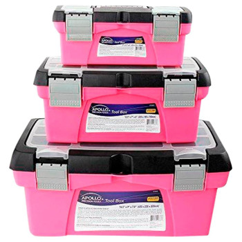 Apollo Tools Set Of 3 Pink Stackable Tool Boxes With Top Compartment And Removable Trays For Crafts Tool Storage Pink Ribbon