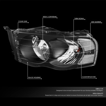 Dna Motoring Hlohdr02Bkcl1 Black Housing Clear Corner Headlights Compatible With 0205 Ram 15000305 Ram 2500 3500 Left