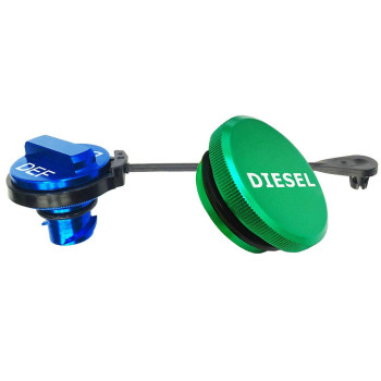 Illet Aluminum Fuel Cap Combo Pack Diesel Fuel Cap For Dodge Magnetic Green Diesel Fuel Cap And Nonmagnetic Blue Def Cap For