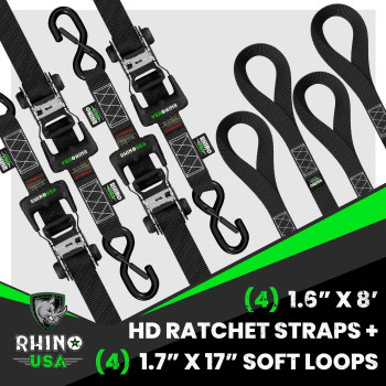 Rhino Usa Ratchet Straps Tie Down Kit For Atv 5 208 Break Strength Includes 4 Heavy Duty Rachet Tiedowns With Padded Handle