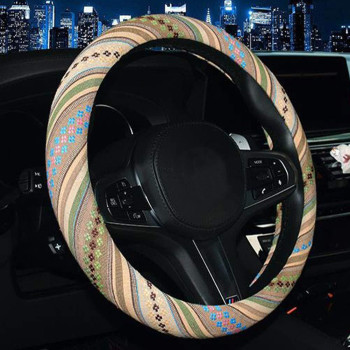 Shiawasena Car Steering Wheel Cover Coarse Flax Cloth Ethnic Style Universal 15 Inch Fit Antislip Sweatabsorbent G