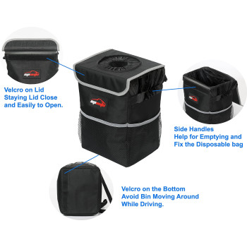 Epauto Waterproof Car Trash Can With Lid And Storage Pockets Black