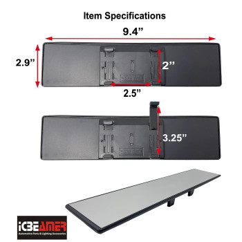 ICBEAMER 9.4 240mm Easy Clip on Universal Fit Wide Angle Panoramic Auto Interior Rearview Mirror Flat Clear Surface