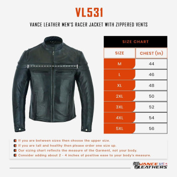 Vance Leathers Mens Premium Leather Motorcycle Racer Jacket With Vents Reflective Piping And Ccw Pockets 4Xl