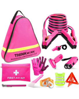 Thinkwork Car Emergency Kit For Teen Girl And Ladys Gifts Pink Emergency Roadside Assistance Kit With 10Ft Jumper First Aid K