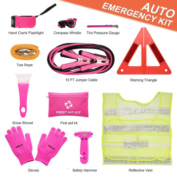 Thinkwork Car Emergency Kit For Teen Girl And Ladys Gifts Pink Emergency Roadside Assistance Kit With 10Ft Jumper First Aid K