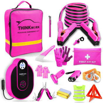 Thinkwork Car Emergency Kit For Teen Girl And Ladys Gifts Pink Emergency Roadside Assistance Kit With Digital Air Compressor