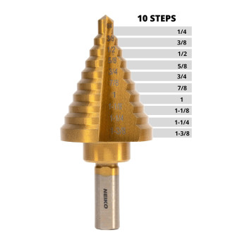 Neiko 10194A Titanium Step Drill Bit Highspeed Alloysteel Bit Hole Expander For Wood And Metal 10 Step Sizes From 14 Inch