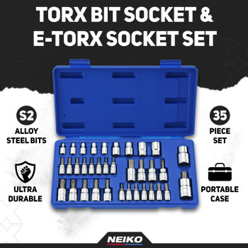 Neiko 10070A Torx Bit Socket And Etorx Star Socket Set 35Piece Set S2 And Crv Steel 14 38 And 12Inch Drive