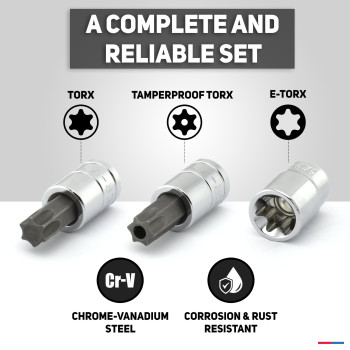Neiko 10070A Torx Bit Socket And Etorx Star Socket Set 35Piece Set S2 And Crv Steel 14 38 And 12Inch Drive
