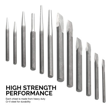 Neiko 02623A Cold Chisel And Punch Set 12 Piece Crv Steel Remove Pins And Bushings Cut Or Split Steel Objects