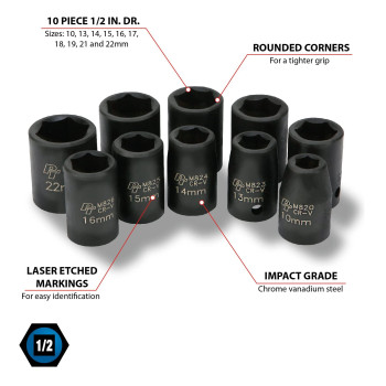 Performance Tool M593Db Mechanics 10 Piece 12Inch Drive Metric Impact Socket Set