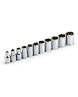 Powerbuilt 11 Piece Metric Shallow Socket Set 14Inch Drive 6 Point Dual Grease Rings Size Markings 640498 Silver