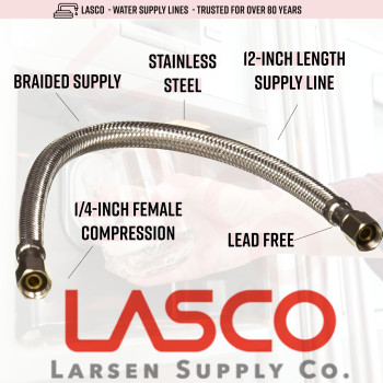 Lasco 100944 1Foot Ice Maker Water Supply Line Braided Stainless Steel X 14Inch Female Compression 1Pack