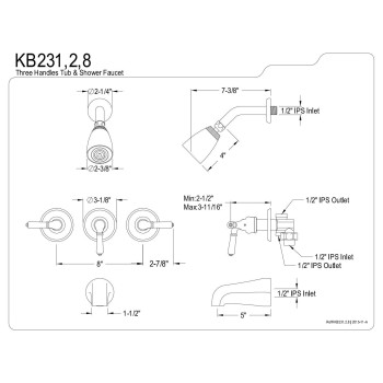 Kingston Brass Kb238 Magellan Tub And Shower Faucet With 3Magellan Handle Brushed Nickel 5Inch Spout Reach