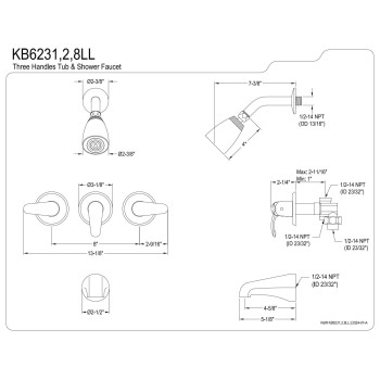 Kingston Brass Kb6231Ll Legacy Tub And Shower Faucet Polished Chrome 5Inch Spout Reach