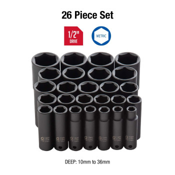 Sunex Tools 2646 12 Inch Drive Deep Impact Socket Set 26Piece Metric 10Mm36Mm Crmo Alloy Steel Radius Corner Design H