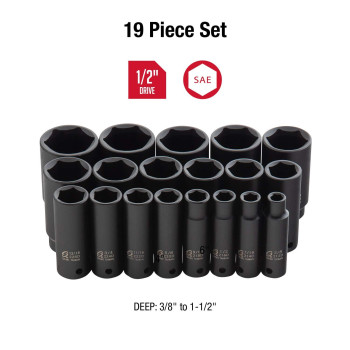 Sunex Tools 2641 12 Inch Drive Deep Impact Socket Set 19Piece Sae 38 112 Crmo Alloy Steel Radius Corner Design