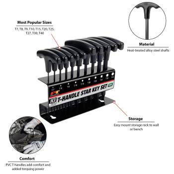 Performance Tool W80276 10Piece Star Thandle Allen Wrench Set Long Arm Hex Key Wrench Set