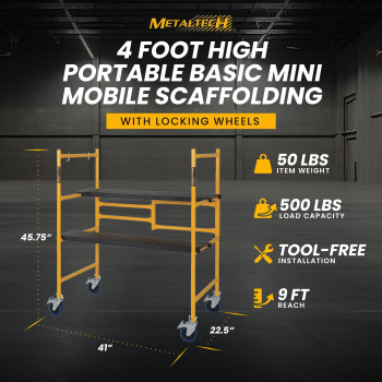 Metaltech 9 Ft Reach Scaffolding Platform 500 Lbs Capacity Adjustable And Portable Scaffold Ladder Wlocking Wheels 225 X 41