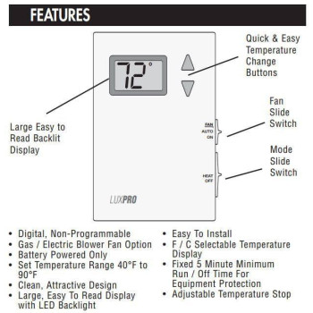 Lux Pro Psd010Bf Digital Nonprogrammable Thermostat For Home Heat Only With Fan