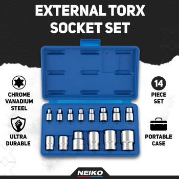 Neiko 04300A Etorx Socket Set 14 Piece External Torx Socket E4 To E24 14 38 And 12 Drive Female Star External