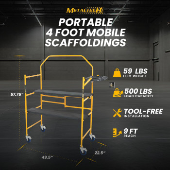 Metaltech 4 Ft Scaffolding Platform Adjustable Foldable And Rolling Scaffold Platform With 4Inch Locking Wheels For Construct