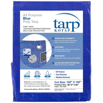 Kotap 100 X 100 Ft Allpurpose Multiuse Protectioncoverage 5Mil Poly Tarp Waterproof Blue 1Pack Tra10100