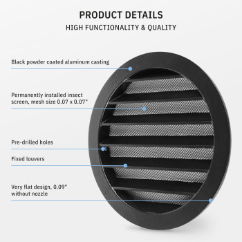 Calimaero Wsgb 6 Inch Black Round Metal Air Vent Grill Cover Flat Louver With Fly Screen Fits Only With Metal Ducts