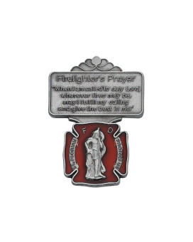 Silver Tone And Red Enamel Saint Florian Visor Clip With Firefighters Prayer