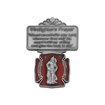 Silver Tone And Red Enamel Saint Florian Visor Clip With Firefighters Prayer