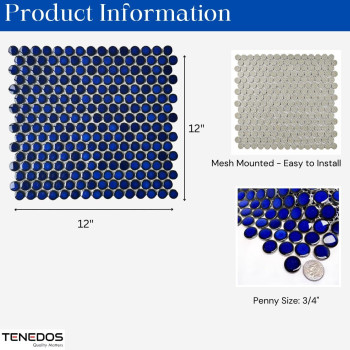 Tenedos Penny Round Cobalt Blue Porcelain Wall Tile Mosaic Shiny Look For Kitchen Backsplash Pool Tile Bathroom Wall Accent W