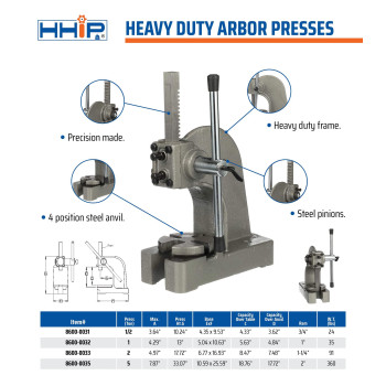 Hhip 86000031 Heavy Duty Arbor Press 5 Ton Capacity 10 Height Pack Of 1