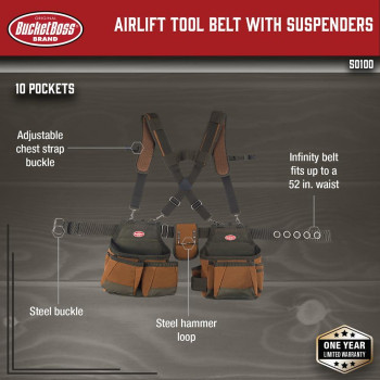 Bucket Boss Airlift Tool Belt With Suspenders Tool Belts Original Series 50100 With 12 Pockets Brown 52 Inch