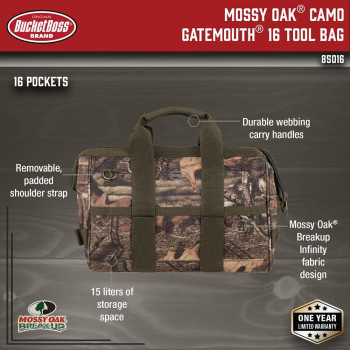 Bucket Boss Camo Gatemouth Tool Bag In Mossy Oak Camo 85016 15 Litersmossy Oak Camo