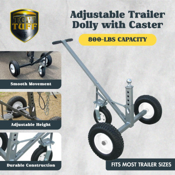 Tow Tuff Adjustable Solid Steel Heavy Duty 800 Pound Capacity Portable Trailer Dolly With 8 Inch Swivel Caster And 12 Inch Flat