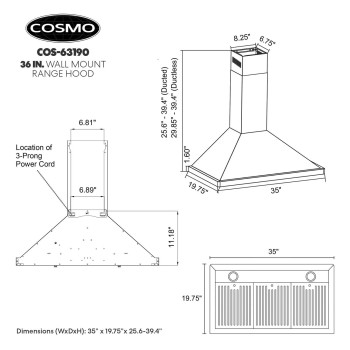 Cosmo 63190 36 In Wall Mount Range Hood With Ducted Convertible Ductless No Kit Included Kitchen Chimneystyle Over Stove Ve