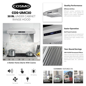 Cosmo Umc30 Ducted Under Cabinet Stainless Steel Range Hood With 380 Cfm Permanent Filters Led Lights 30 Inch