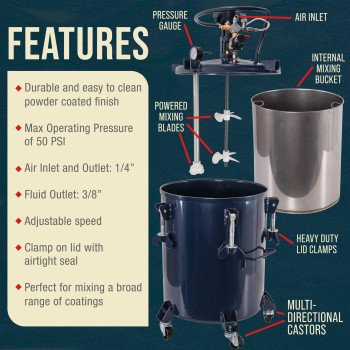 Tcp Global 10 Gallon 40 Liter Pressure Pot Paint Tank Heavy Duty Solid Steel Clamp On Lid With Airpowered Mixing Agitator