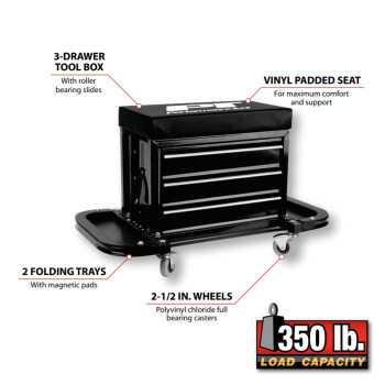 Performance Tool W85025 3Drawer Rolling Tool Chest Seat With Magnetic Side Trays Black