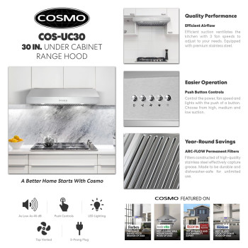 Cosmo Uc30 30 In Ducted Under Cabinet Range Hood Kitchen Over Stove Vent 3Speed Fan Permanent Filters Led Lights In Stainl