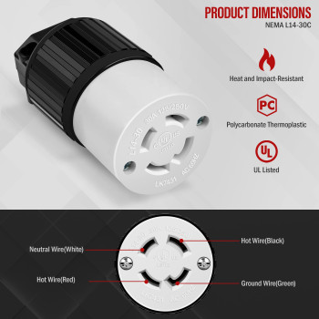 Enerlites Nema L1430R Locking Connector For Generator Twist Lock Female Plug 30 Amp 125250 Volt 3 Pole 4 Wire Grounding