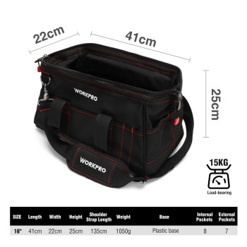 Workpro 16Inch Close Top Wide Mouth Tool Storage Bag With Water Proof Rubber Base W081022A 16