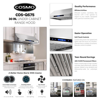 Cosmo Cosqs75 30 In Under Cabinet Range Hood With 500 Cfm Permanent Filters Led Lights Convertible From Ducted To Ductless