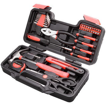 Cartman 39Piece Tool Set General Household Hand Tool Kit With Plastic Toolbox Storage Case Pink