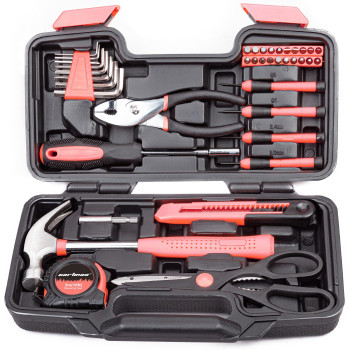 Cartman 39Piece Tool Set General Household Hand Tool Kit With Plastic Toolbox Storage Case Pink