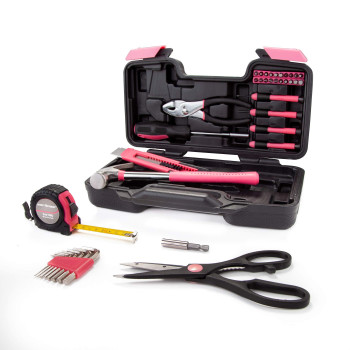 Cartman 39Piece Tool Set General Household Hand Tool Kit With Plastic Toolbox Storage Case Pink