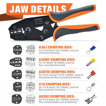 Icrimp Ratchet Wire Crimping Tool Set W 5 Interchangeable Jaws For Insulated And Noninsulated Terminals Awg202 Wire Stripper